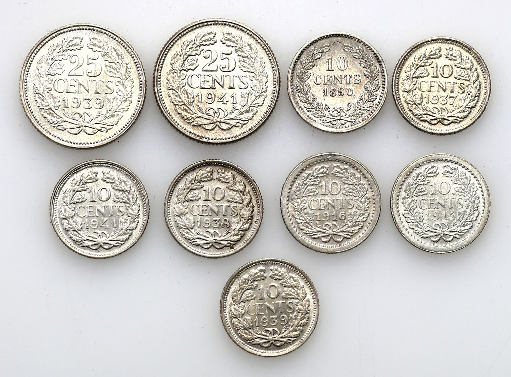 Niderlandy. 10 - 25 centów 1890-1941, zestaw 9 monet